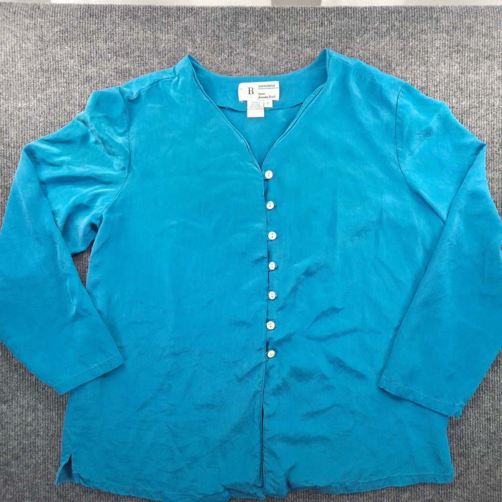 VTG Braemar by Jeremy Scott Teal Blue 100% Silk Button Front V-Neck Blouse 12